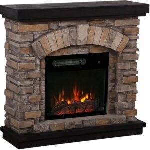 36" Farmhouse Ceramic Magnesium Oxide Freestanding Electric Fireplace with 4 Flickering Flame Effect Settings, Remote and Touch Control, in Tan Finish