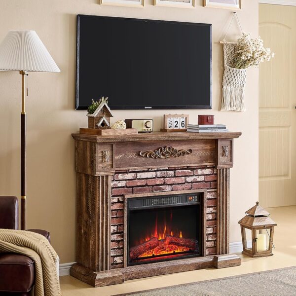 43" Electric Fireplace with Mantel, Electric Fireplace Heater, TV Stand w/Freestanding Electric Fireplace, Stacked Stone Surround, Remote Control, Adjustable Flame Level for...