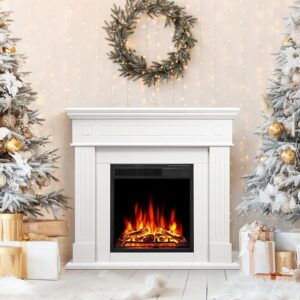 43 Inch Electric Fireplace with Mantel Wooden Surround Firebox TV Stand,FreeStanding Electric Fireplace Heater Entertainment Center,Adjustable Led Flame,750W-1500W,White