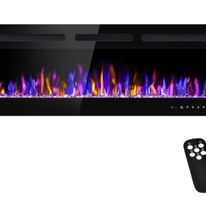 50" Electric Fireplace Wall Mounted and Recessed with Remote Control, 750/1500W Ultra-Thin Wall Fireplace Heater W/Timer Adjustable Flame Color and Brightness, Log Set & Crystal...