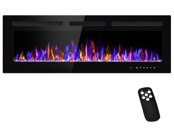 50" Electric Fireplace Wall Mounted and Recessed with Remote Control, 750/1500W Ultra-Thin Wall Fireplace Heater W/Timer Adjustable Flame Color and Brightness, Log Set & Crystal...