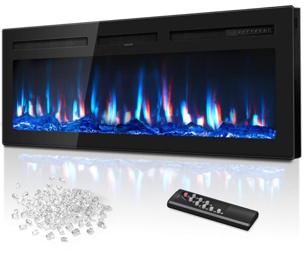 50 Inch Electric Fireplace in-Wall Recessed and Wall Mounted with Remote Control, 750W/1500W Thin Wall Fireplace Heater(60-99°F Thermostat) with 12 Adjustable Color, Timer and...