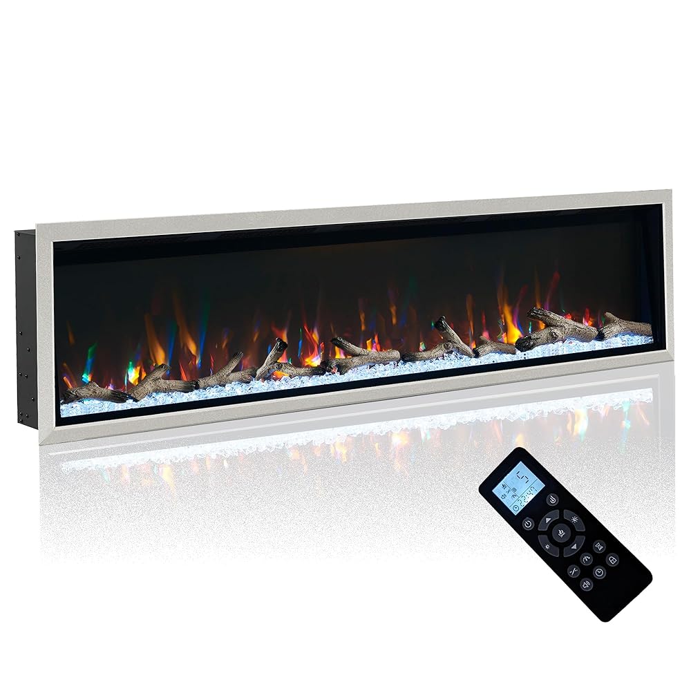 72 Inch Electric Fireplace w/Aluminum Frame, Hidden Air Vents Design, Recessed and Wall Mounted Fireplace Heater w/Thermostat, 12×13×5 Realistic Flame, Visual Remote, Log and... 72 Inch Electric Fireplace w/Aluminum Frame, Hidden Air Vents Design, Recessed and Wall Mounted Fireplace Heater w/Thermostat, 12×13×5 Realistic Flame, Visual Remote, Log and...