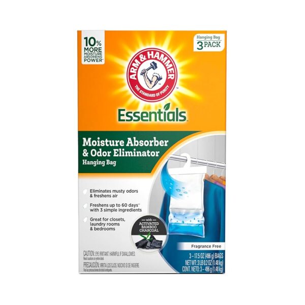 Arm & Hammer Essentials Hanging Moisture Absorber and Odor Eliminator, 17.5 oz., 3 Pack, Fragrance Free, Moisture Absorbers for Closets, Laundry Rooms and Bedrooms, Long-Lasting...