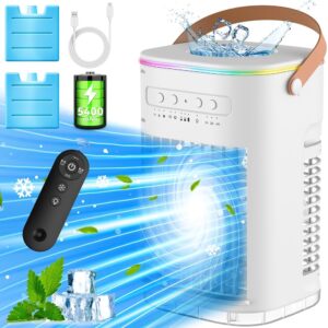 BALKO Small Air Conditioner, 5400mAh Built-in Battery Evaporative Air Cooler, 2 Ice Packs, 7H Timer Smart Auto-Off &Remote, 7 Lights, 1200ML Water Tank, 2-Level Mists, 3-Speed...