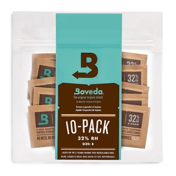 Boveda 32% Two-Way Humidity Control Packs For Storing 1 oz of Dry Goods – Size 8 – 10 Pack – Humidifier Packs for Coffee & Tea Storage – Hydration Packets in Resealable Bag