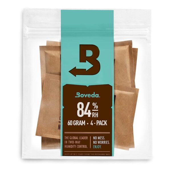 Boveda For Seasoning Two-Way Humdity Control Packs – 84% RH to Season a Wood Humidifier Box (Small- to Medium-Size, Up to 100-Count) – Size 60 – 4 Pack in a Resealable Bag