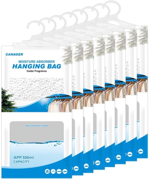 CANAGER Hanging Moisture Absorber,Cedar Fragrance Moistureproof Hanging Bag, Dehumidifier Bag (8 packs) Hanging Closet Dehumidifier Bags, Moisture Absorb 12.5 oz.