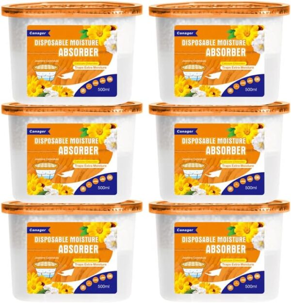 CANAGER Moisture Absorber Box - 6 Packs, 12.5 oz Cup, Jasmine Calendula, Odor Eliminator and Dehumidifier for Closet, Bedroom and Kitchen.