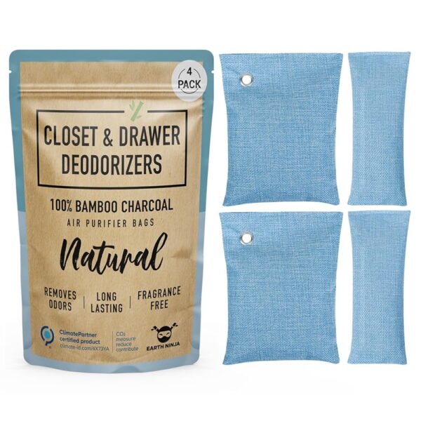 Closet and Drawer Deodorizer Bags (4 Pack) - Naturally Absorbs and Eliminates Closet Odors- 2 XL Closet Deodorizers and 2 Drawer Deodorizers - Unscented and Organic Charcoal...