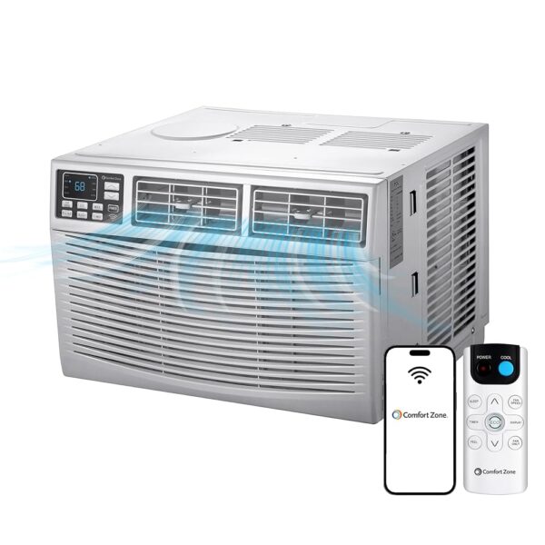 Comfort Zone Window Mounted Smart Wi-Fi Room Air Conditioner with Remote Control, 8,000 BTU, Digital Display, 4 Speed Settings, 4 Mode Settings, 24-Hour Timer, Sleep Setting,...