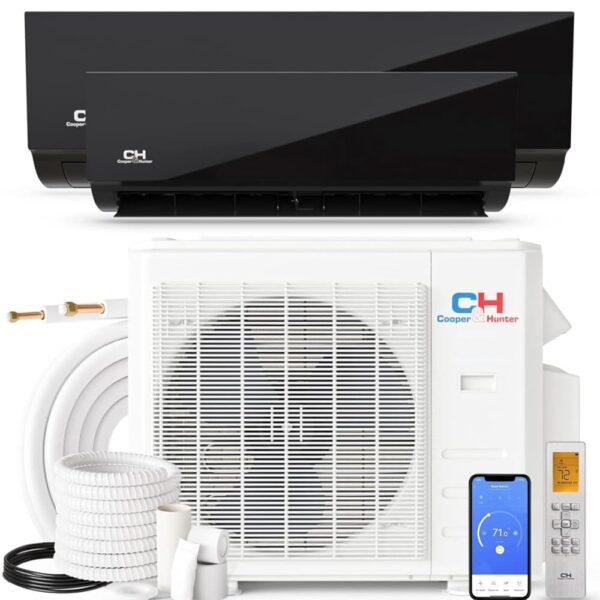 Cooper&Hunter 18,000 BTU Olivia Midnight Series, 22.9 SEER2, Dual Zone Compressor with 12000 + 12000 BTU Wall Mount Air Handlers Ductless Mini Split A/C and Heater Including...