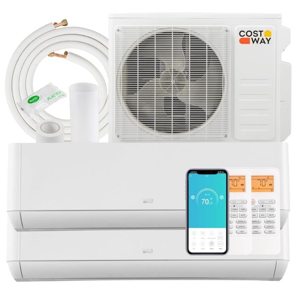 COSTWAY 18K BTU Dual 2 Zone Mini Split AC/Heating System, 22 SEER2 12,000 + 12,000 BTU Wall Mount Ductless Inverter Air Conditioner, Pre-Charged, Compatible with...