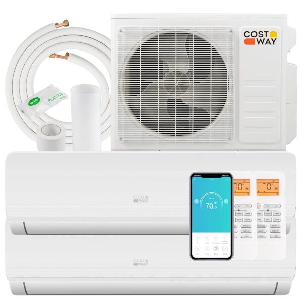 COSTWAY 18k BTU Dual 2 Zone Mini Split Air Conditioner, 20 SEER2 9000 BTU+9000 BTU Wifi Enabled Ductless Wall Mounted Inverter Air Conditioner & Heater Pump, Work with...