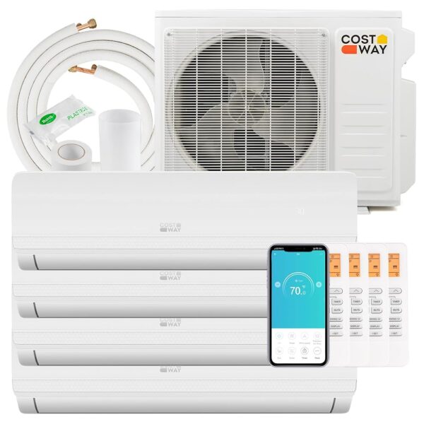 COSTWAY 36k BTU Quad 4 Zone Mini Split Air Conditioner, 19 SEER2 (9k, 9k, 12k, 12k) Wifi Enabled Ductless Wall Mounted Inverter Air Conditioner & Heater Pump, Compatible with...