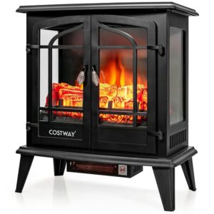 COSTWAY Electric Fireplace Stove, 25 Inch Wide Freestanding Space Heater with 3D Realistic Flame, Adjustable Thermostat, Overheat Protection, Portable Fireplace Stove for Indoor...