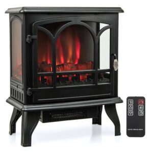 COSTWAY Electric Fireplace Stove with 3-Sided View, Remote Control, 1400W Portable Freestanding Heater with Thermostat, 3-Level Brightness, 0.5-6H Timer, Overheat Protection,...