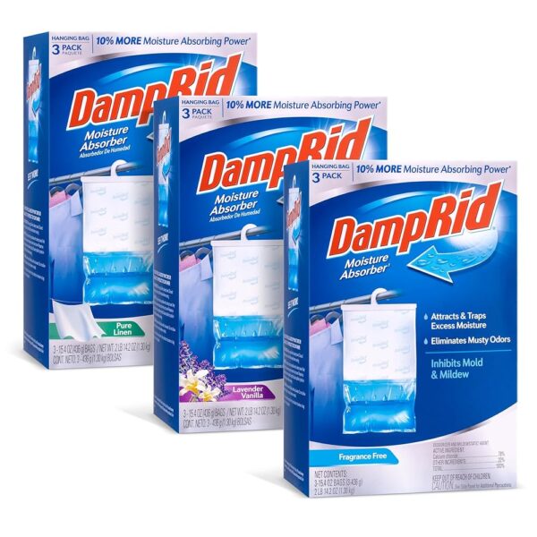 Damp Rid Hanging Moisture Absorber, 1 Powder Fresh, 1 Lavender Vanilla, & 1 Fragrance Free - Eliminates Odors for Fresher, Cleaner Air,14% More Moisture Absorbing Power. Ilios...