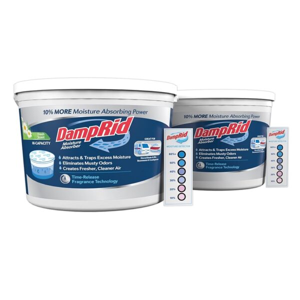 DampRid Hi-Capacity Moisture Absorber Bucket, Fresh Scent, 2 lb. 15.5 oz. & Moisture Detection Strip (2 Pack), Attracts & Traps Excess Moisture