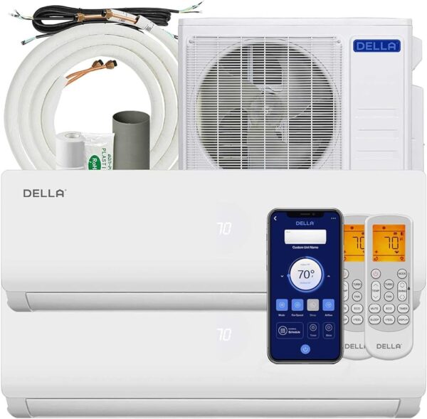 DELLA 18K BTU ODU 2 Dual Zone 9000 12000 BTU Mini Split Air Conditioner Work with Alexa,19 SEER2 208-230V Cools Up to 950 Sq.Ft Wifi Multi Zone Pre-Charged Heat Pump with 16ft...