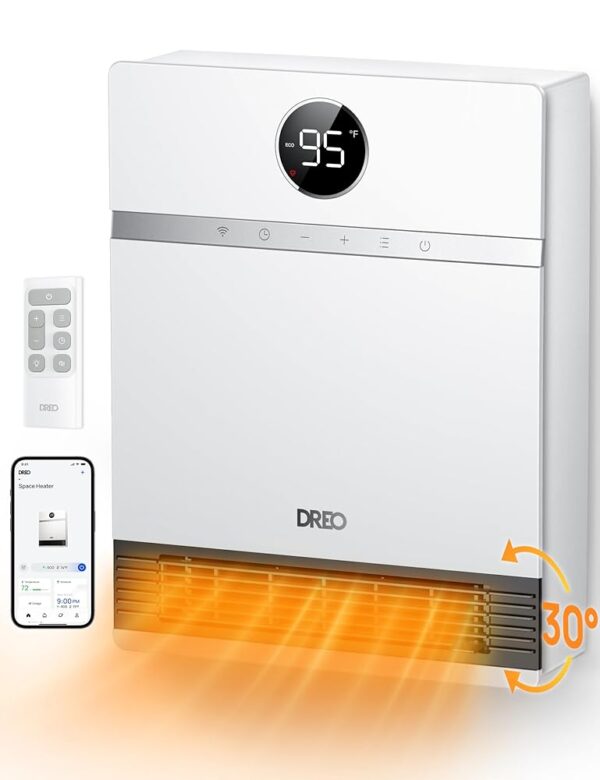 Dreo Smart Wall Heater, IP24 Electric PTC Space Heater for Indoor Use, 30° Oscillation, Adjustable Thermostat, Remote Control, Works with Alexa, 24H Timer, Easy-mounted Heater...
