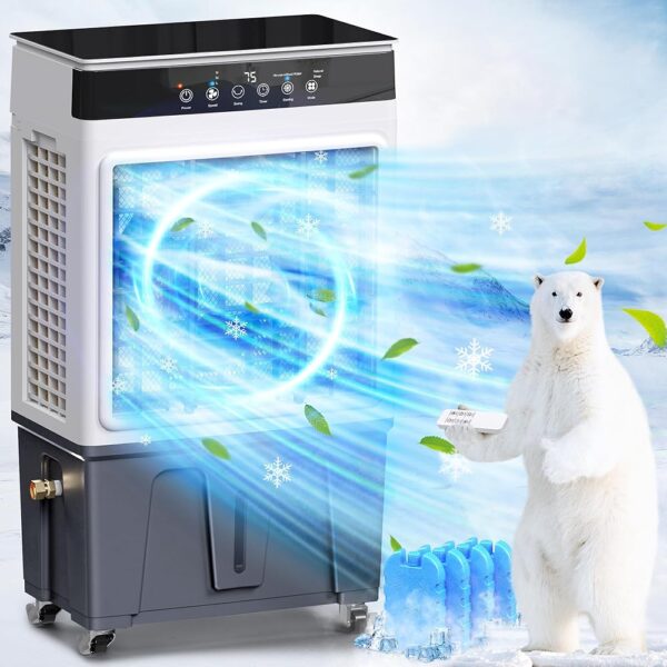 Evaporative Air Cooler, 3500CFM 3-in-1 Swamp Cooler with 7.5Gal Water Tank, 120° Oscillation, 3 Speeds 3 Modes, 4 Ice Packs, 12H Timer, Remote, Portable Air Conditioner for...