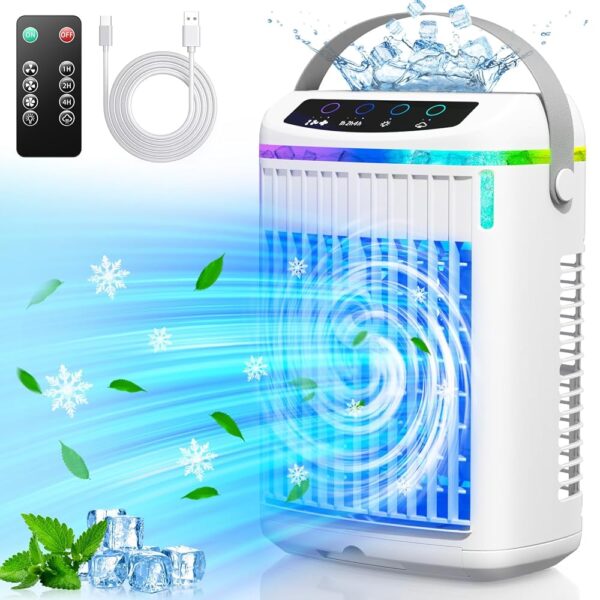 Evaporative Air Cooler, PERKDS Portable Air Conditioner with Quiet, 3 wind speeds & 2 Cool Mist with Colorful Night Light, Mini AC Unit for Bedroom Room Car Office