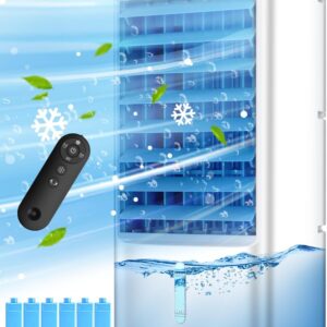 Evaporative Air Cooler, Swamp Cooler Air Conditioner w/ 12H Timer for Auto-off, 6 Upgraded Ice Packs, 3-Speed Windowless Air Conditioner, Smart Remote, Dual Tank Portable Air...