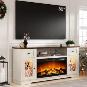 Fireplace TV Stand, Farmhouse Entertainment Center with 36" Electric Fireplace and Led Lights, for 80 Inch TV, Fire Place TV Stands for Living Room with Glass Door Closed Storage