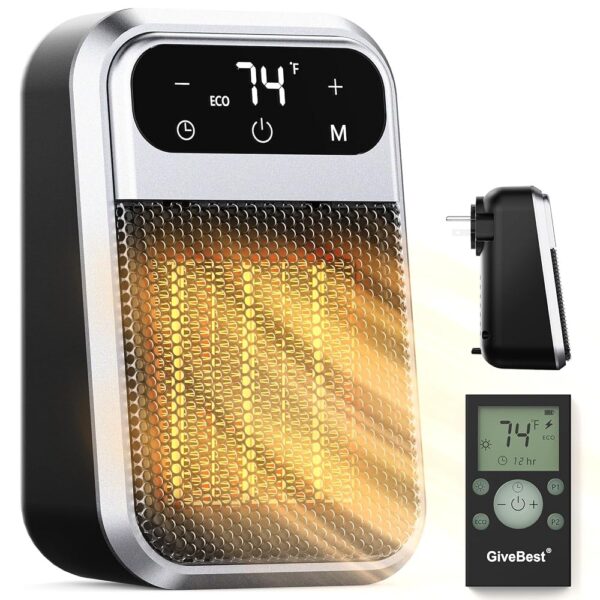 GiveBest 800W Wall Outlet Space Heater with Remote,LED Display Small Plug in Electric Heater with Adjustable Thermostat and Timer for rv and Home Office Bathroom Indoor Use,ETL...