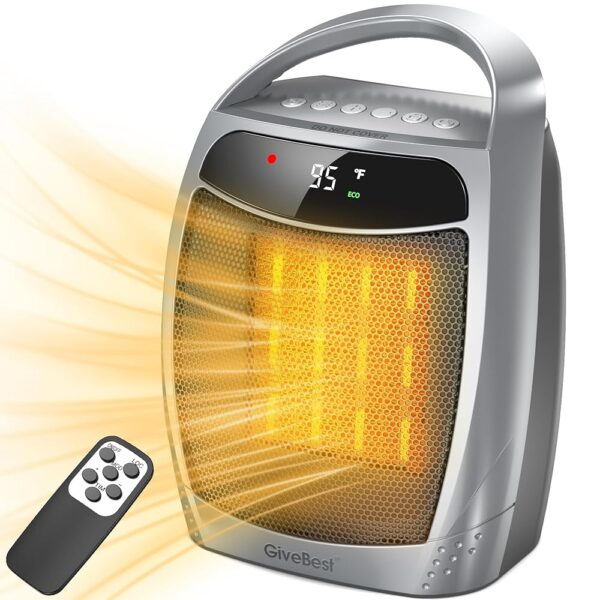GiveBest Space Heater for Indoor Use, 1500W Portable Heater with Remote, 12H Timer, Eco Mode and Fan Mode, PTC Ceramic Fast Heating Safety Small Heater for Bedroom Office Room...