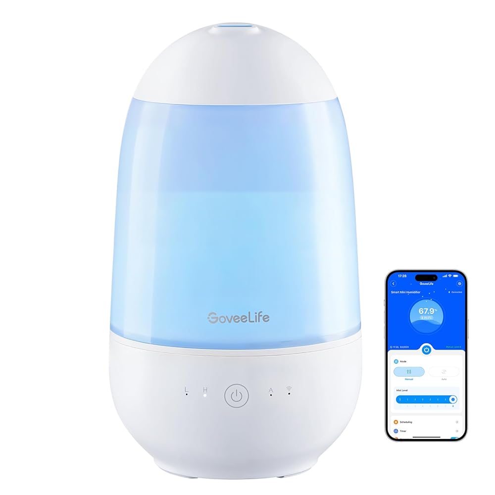 GoveeLife Smart Mini Humidifier for Baby Nursery, Top Fill Cool Mist Humidifier with Scent Diffuser & Nightlight, Built-in Sensor, Works with Alexa, Ultrasonic Humidifiers for... GoveeLife Smart Mini Humidifier for Baby Nursery, Top Fill Cool Mist Humidifier with Scent Diffuser & Nightlight, Built-in Sensor, Works with Alexa, Ultrasonic Humidifiers for...