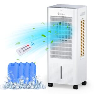 Grelife Air Cooler,3-IN-1 Portable Evaporative Air Cooler Cooling Fan with 4 Ice Packs,12H Timer,1.58 Gallons,Remote Control,3 Modes,3 Speeds,Personal Swamp Cooler for Bedroom,...