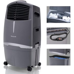 Honeywell 525 CFM Outdoor Portable Evaporative Swamp Cooler for BBQ Area, Patio, Garage, and Backyard, 115V, Evaporative Air Cooler with Fan and Remote Control, Gray