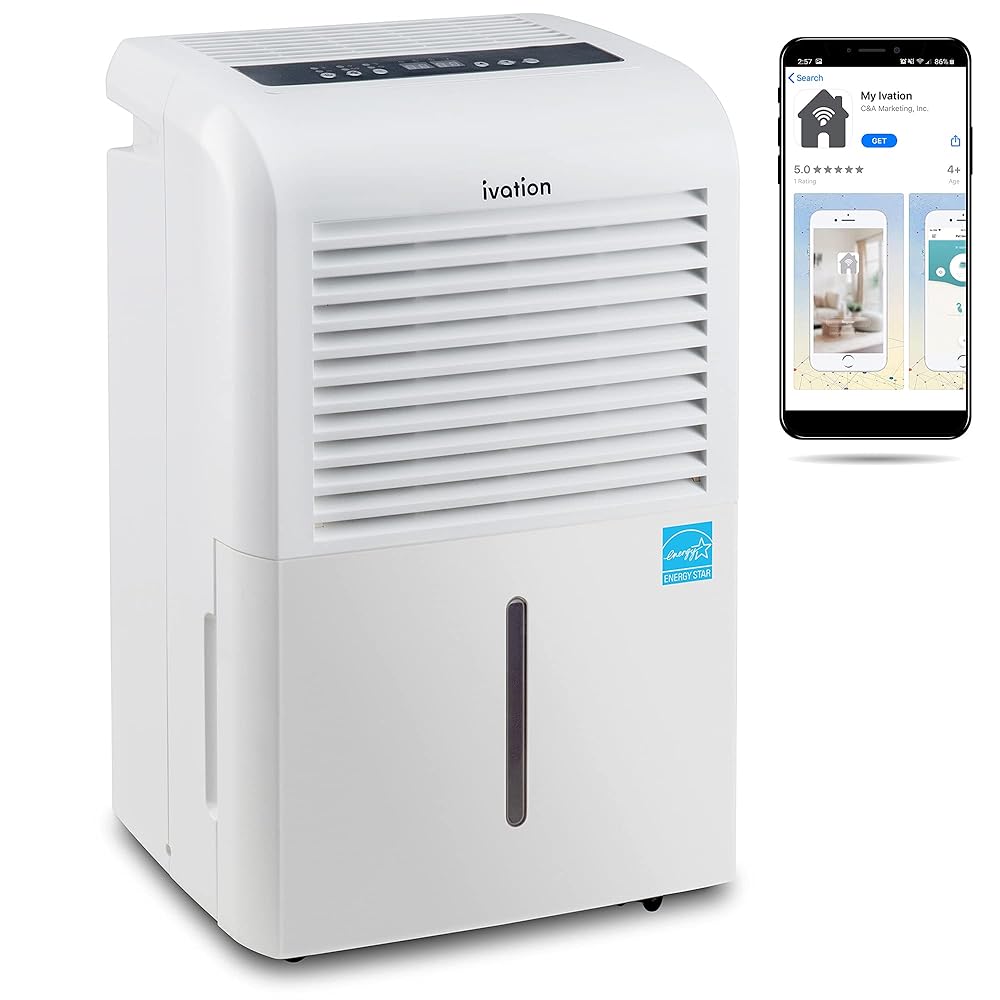 Ivation 4,500 Sq Ft Smart Wi-Fi Energy Star Dehumidifier with App, Continuous Drain Hose Connector, Programmable Humidity, 2.25 Gal Reservoir for Medium and Large Rooms (4,500... Ivation 4,500 Sq Ft Smart Wi-Fi Energy Star Dehumidifier with App, Continuous Drain Hose Connector, Programmable Humidity, 2.25 Gal Reservoir for Medium and Large Rooms (4,500...