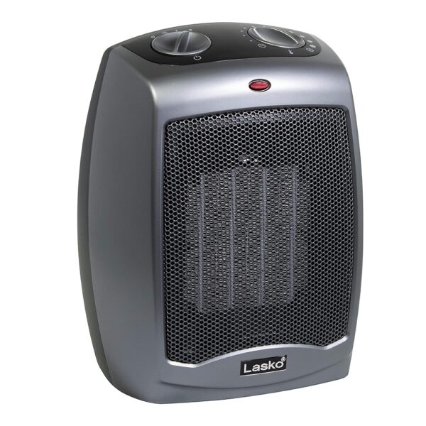 Lasko 754201 Small Portable 1500W Electric Ceramic Space Heater Safety, Overheat Protection, Thermostat and Extra Long 8-ft Cord for Indoor Ho, With Tip-Over Switch, Gray