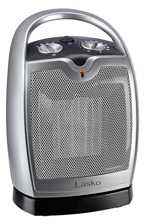 Lasko Oscillating Ceramic Tabletop Space Heater for Home with Adjustable Thermostat, Carrying Handle, 2 Speeds and Fan Only Mode, 11.6 Inches, Silver, 5409