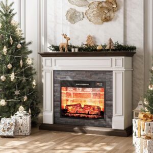 LGHM 44" Electric Fireplace with Mantel, Portable Freestanding Wood Stove Heater, Realistic 3D Dancing Flame Effect and Stacked Stone Surround, Remote Control Timer for Living...