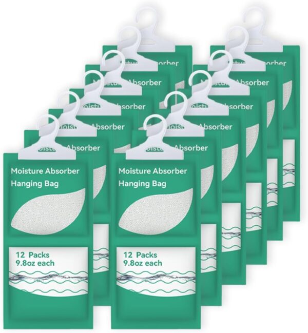 Moisture Absorbers Packets, Fragrance Free (12 Pack), Humidity Packs, Hanging Closet Dehumidifier Bags, Moisture Absorb 9.8OZ Hanging Bags for Bedroom, Kitchen, Basement,...