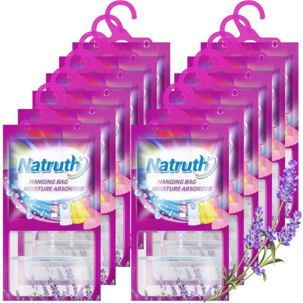 NATRUTH 12-PACK Moisture Absorber Bags With Lavender,Desiccant Hanging Bag Use for Kitchen Bathroom Wardrobe, Eliminates Odors，Odor Absorber Humidity Packs, Hanging Closet...