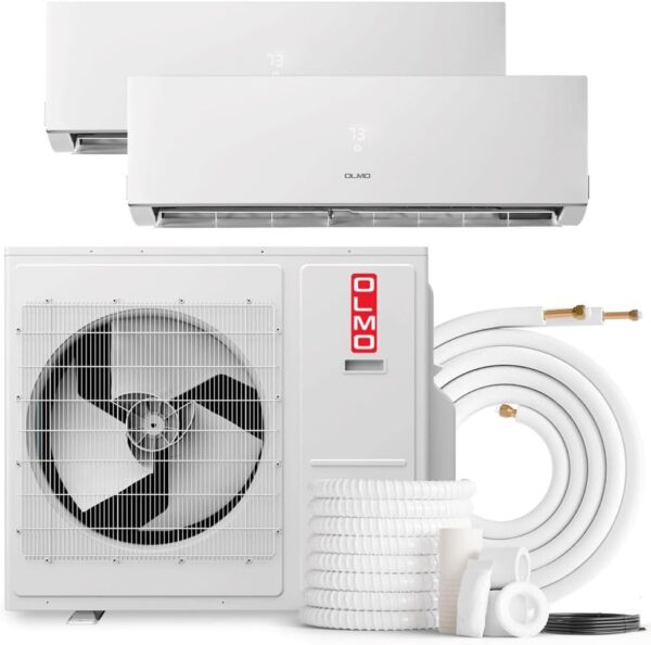 OLMO 24,000 BTU Dual Zone 12000 + 18000 BTU Wall Mount Ductless Mini Split A/C and Heater with 16ft Installation Kits