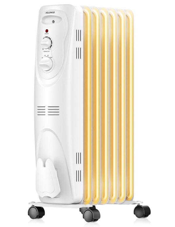 PELONIS PHO15A2AGW, Basic Electric Oil Filled Radiator, 1500W Portable Full Room Radiant Space Heater with Adjustable Thermostat, White, 26.10 x 14.20 x 11.00 in