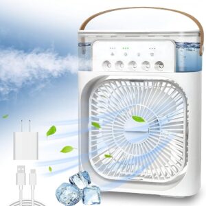 Portable Air Conditioner Fan, Mini Evaporative Air Cooler with 7 Colors LED Light, 1/2/3 H Timer, 3 Wind Speeds and 3 Spray Modes for Your Desk, Nightstand, or Coffee Table, White