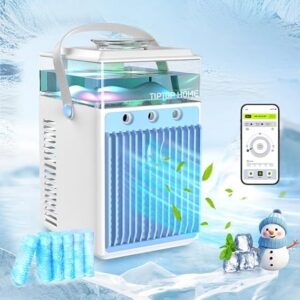 Portable Air Conditioner Fan, Rechargeable 4-IN-1 Personal Mini Cooler Humidifier, 3-Speed Evaporative Air Cooler with 7 Color Lights, Cordless AC Desktop Spray Fan, Quiet...