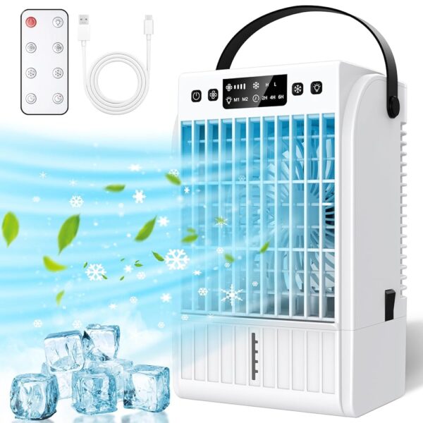 Portable Air Conditioners, 4 Wind Speeds 1500 ML Quiet Portable AC with Remote, 2 Speeds Humidifier & 2-6H Timer Evaporative Air Cooler, 7 Color Light Personal Cooling Fan for...