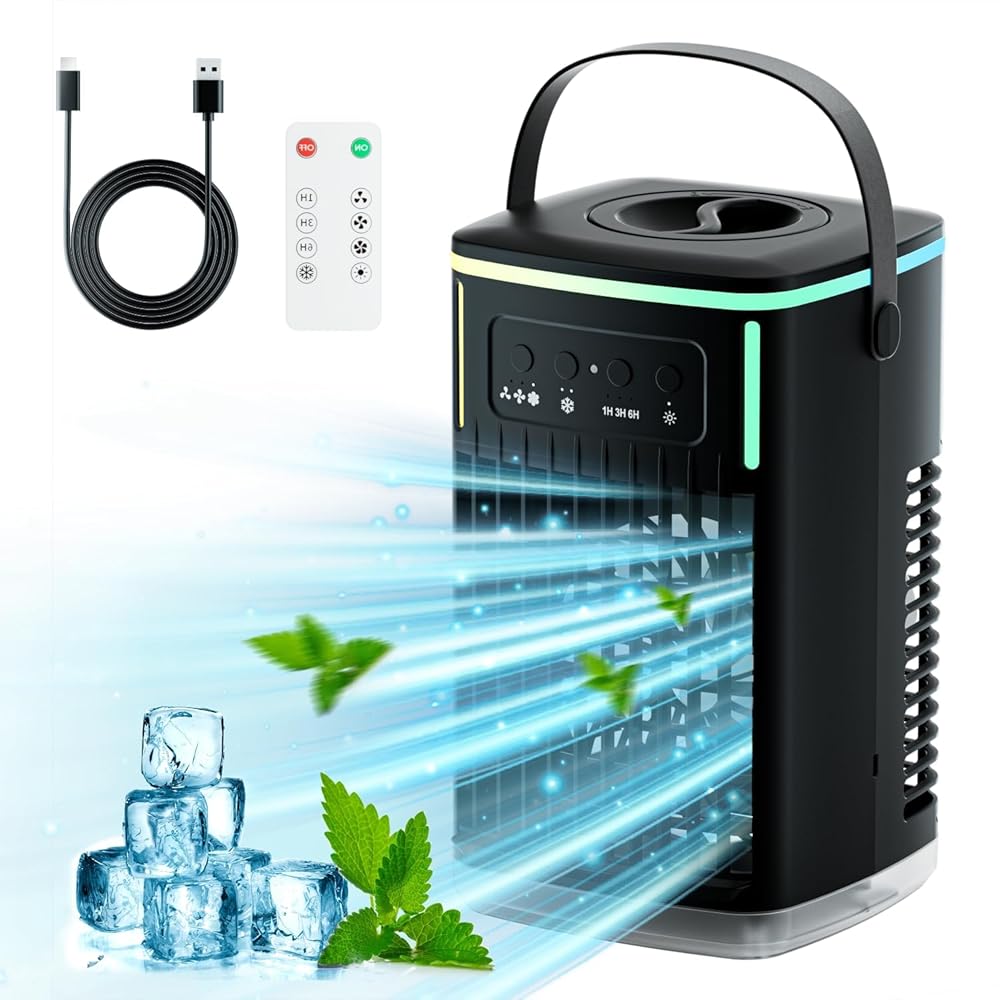Portable Air Conditioners, Cooling fan Air Conditioner with Remote,Evaporative air cooler with 3 Wind Speeds & 1500ML Water Tank,2-8H Timer & 7 LED Light, Mini Portable Air... Portable Air Conditioners, Cooling fan Air Conditioner with Remote,Evaporative air cooler with 3 Wind Speeds & 1500ML Water Tank,2-8H Timer & 7 LED Light, Mini Portable Air...