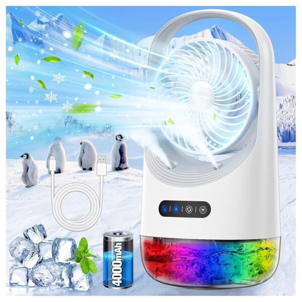 Portable Air Conditioners,Portable Ac with 4000mAh Battery, 3 Winds and 7-color Night Light,Rechargeable Mini Air Conditioner with Office,Room&Home （White）