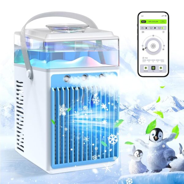 Portable Air Conditioners,Upgraded Evaporative Air Cooler 3 Wind Speed & LED Light Mini AC Cool Mist Personal Air Conditioner Cooling Fan for Office Room Tent Outdoor Blue