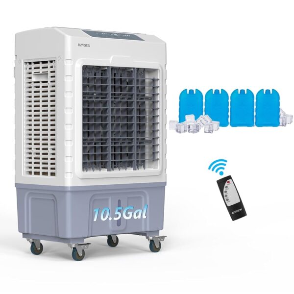 ROVSUN 10.5Gal Portable Swamp Cooler, 2600CFM Evaporative Air Cooler with Auto Oscillating, Remote, 3 Speeds, 7.5H Timer & 4 Ice Packs, 3-IN-1 Humidifying Cooling Fan Indooor...