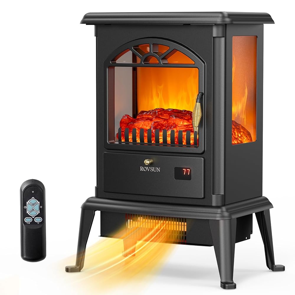 ROVSUN 1500W Electric Fireplace Stove, 22.4" H Freestanding Heater with Remote, Timer, Realistic Flame Effect, Adjustable Temperature, Overheat & Tip-Over Protections for... ROVSUN 1500W Electric Fireplace Stove, 22.4" H Freestanding Heater with Remote, Timer, Realistic Flame Effect, Adjustable Temperature, Overheat & Tip-Over Protections for...